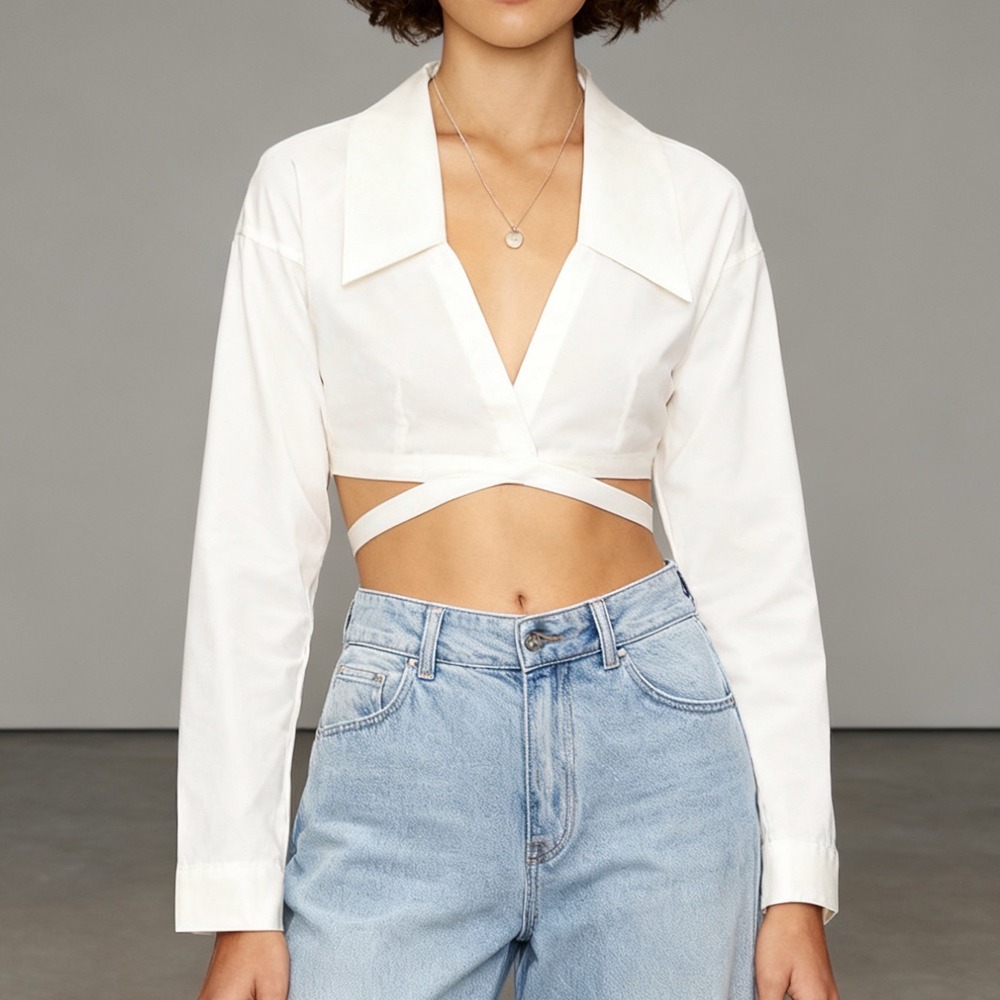 WeWoreWhat Poplin Wrap Crop Top Whisper White XL